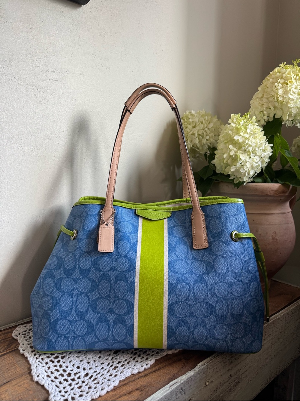 Coach Blue Signature Tote with Lime Center Stripe and Tan Handles